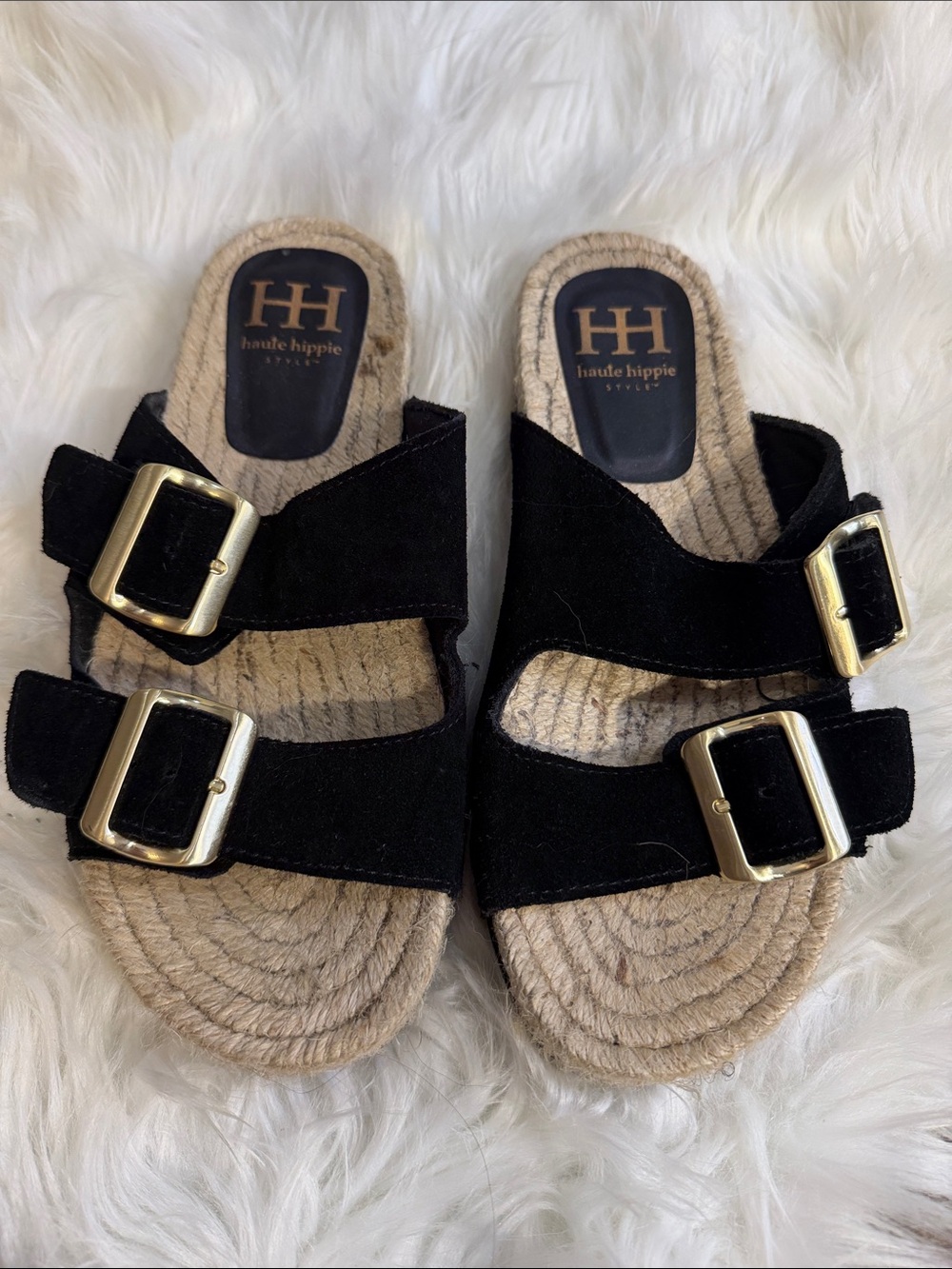 Haute Hippie Black Suede Double-Buckle Rope Footbed Sandals